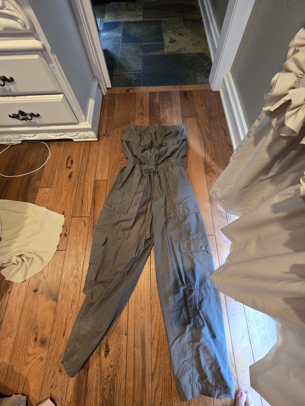 Free People Olive Green Strapless Cargo Jumpsuit